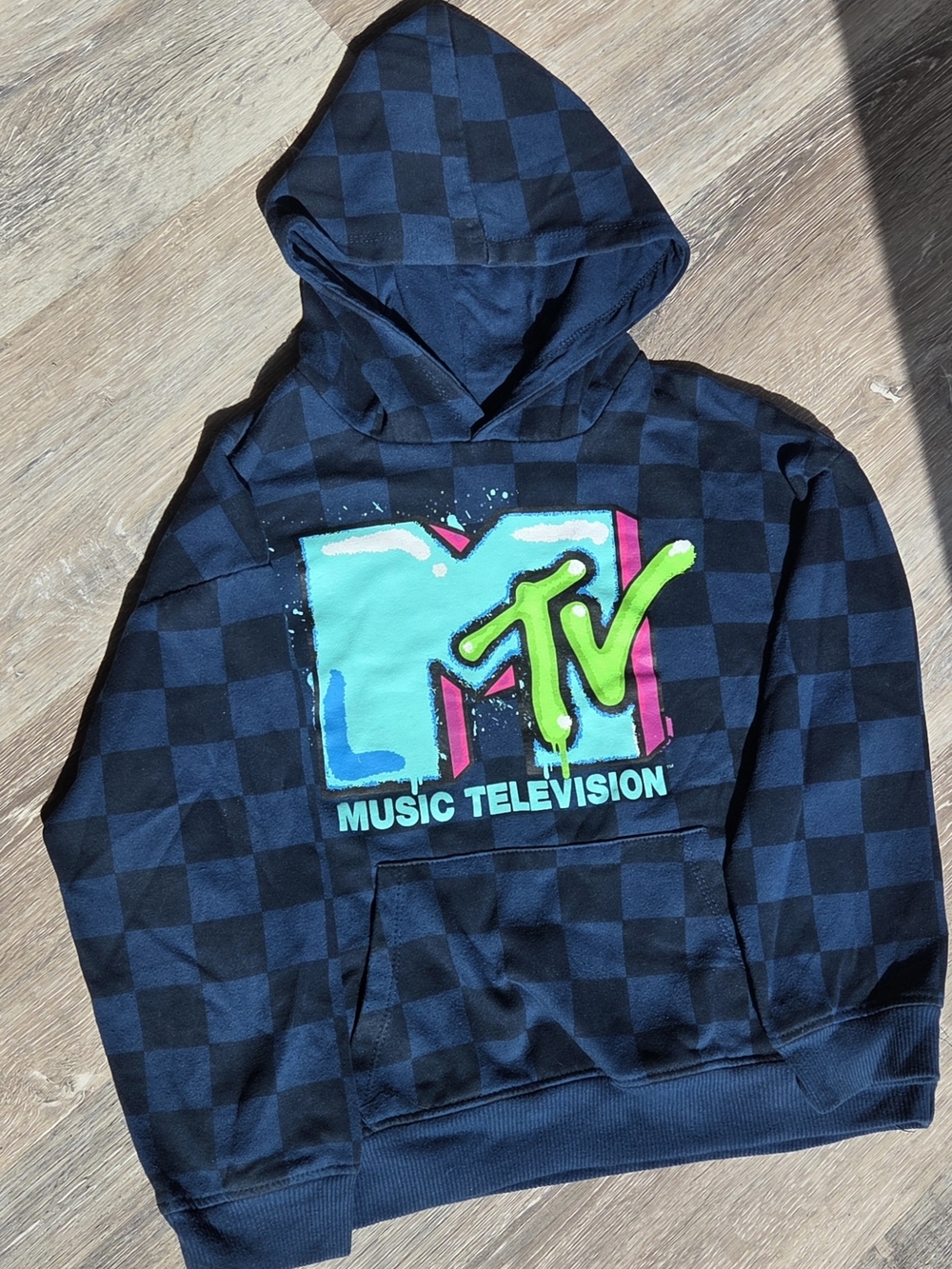 Official Brand MTV Navy Checkered Hoodie Kids Small Size 7/8